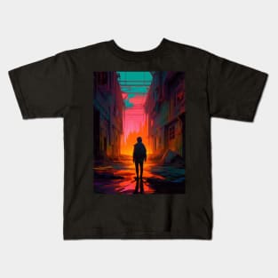 lost boy in a cyber neon cityscape Kids T-Shirt